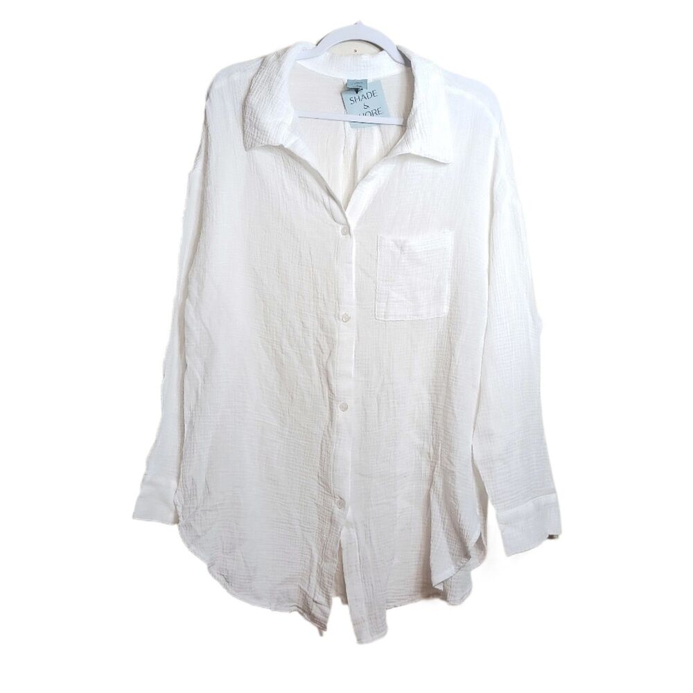 Shade & Shore Button Down Shirtdress Womens M White Cotton Gauze Swim Cover New